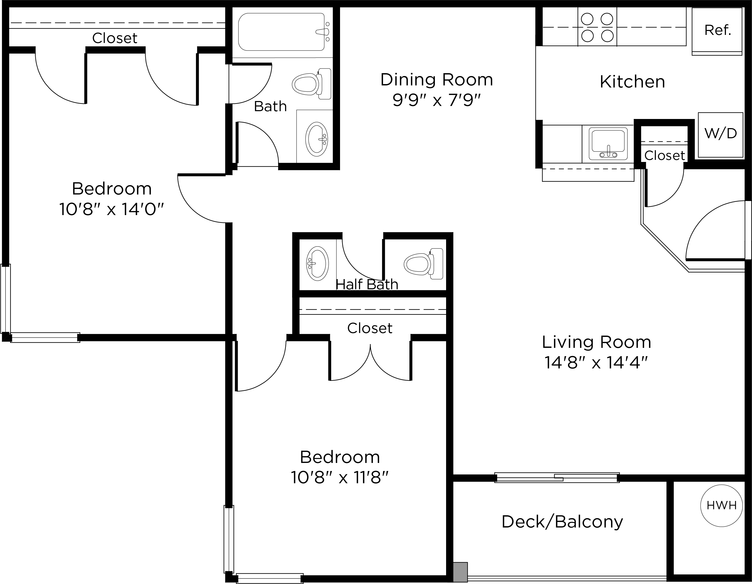 Floor plan for 2 beds, 1.5 baths, 890 sqft